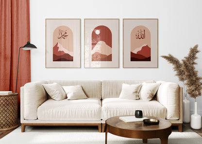 Digital Download, Set of 3 Posters, Islamic Wall Art Set, Landscape Wall Prints, Boho Living Room Decor, Serene Landscapes, Maroon Landscape