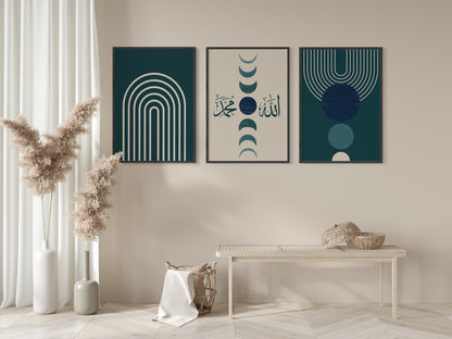 Set of 3 Islamic Wall Art, Boho Green Frame Prints, Allah And Muhammad