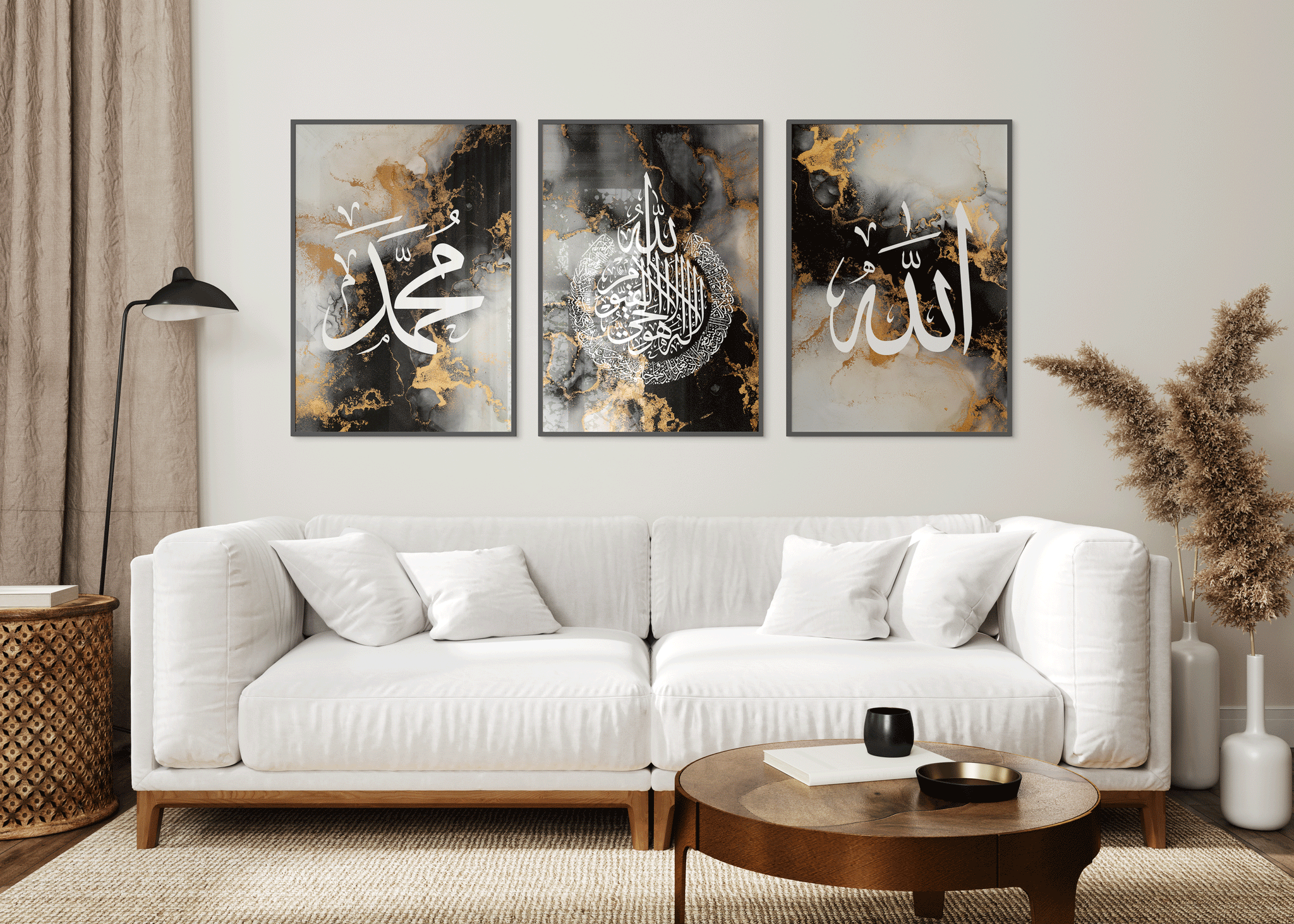 Set of 3 Islamic Wall Art Prints Black And Gold Marble Allah Ayatul Ku ...