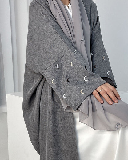 *PRE-ORDER* Moon Embroidery Open Linen Abaya (Read Description)