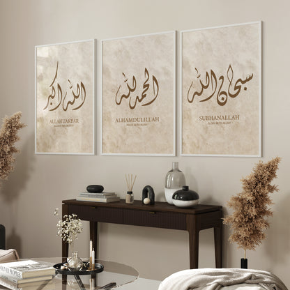 Set of 3 Islamic Wall Art Prints Beige & Brown, Diwani, Subhanallah Alhamdulillah Allahuakbar