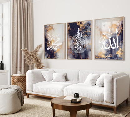 Digital Download Set of 3 Islamic Wall Art, Navy Blue Allah Ayatul Kursi