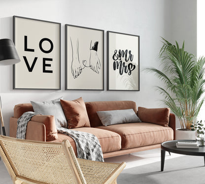 Set of 3 Love Wall Art, Mr and Mrs Wall Art