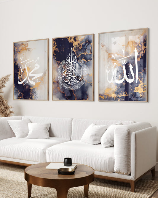 Set of 3 Islamic Wall Art Prints Navy Blue Marble Allah Ayatul Kursi Muhammad