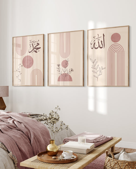 Set of 3 Islamic Wall Art Prints, Boho Marron Pink, Allah And Muhammad