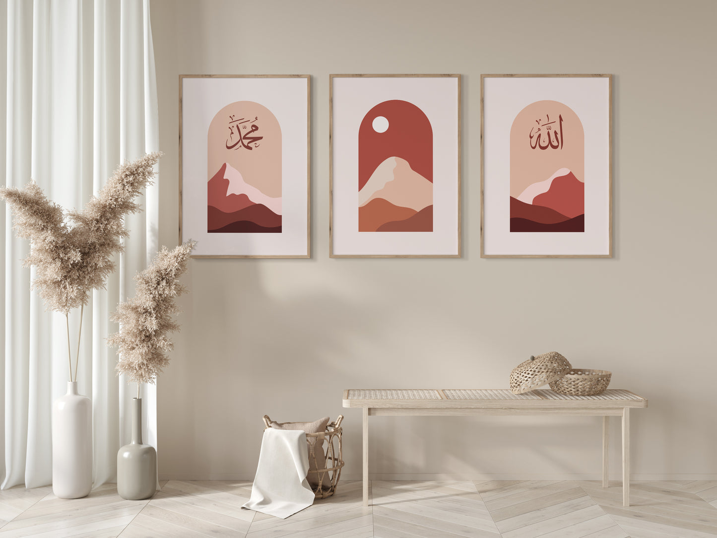 Digital Download, Set of 3 Posters, Islamic Wall Art Set, Landscape Wall Prints, Boho Living Room Decor, Serene Landscapes, Maroon Landscape