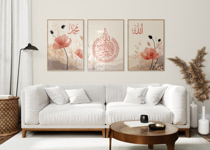 Set of 3 Islamic Wall Art, Botanical Pink Leafed Prints, Allah Ayatul Kursi Muhammad