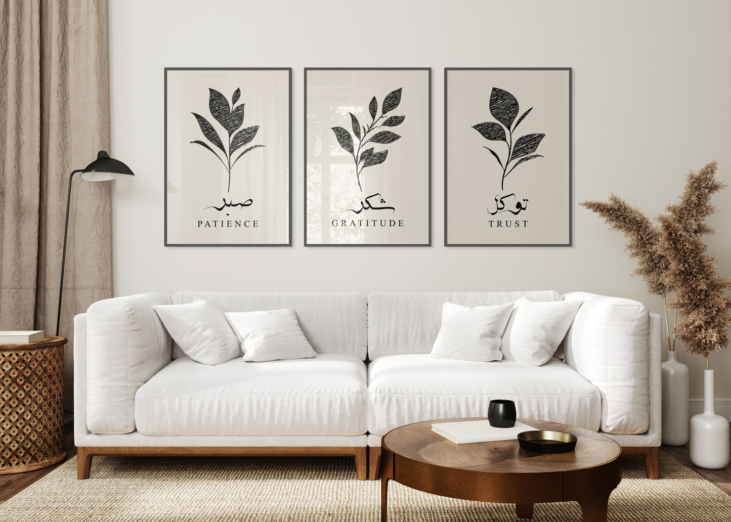 Set of 3 Islamic Wall Art, Botanical Black Leafed Prints, Sabr, Shukr, Tawakkul