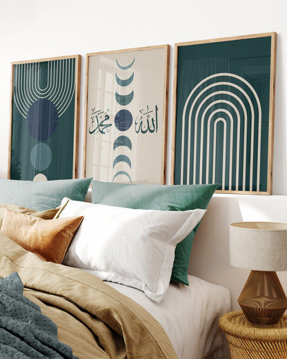 Set of 3 Islamic Wall Art, Boho Green Frame Prints, Allah And Muhammad