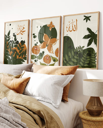 Set of 3 Islamic Wall Art, Allah Muhammad, Autumn Wall Art