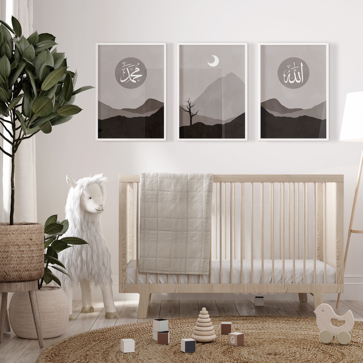 Set of 3 Islamic Wall Art Boho Landscape Wall Prints, Allah & Muhammad