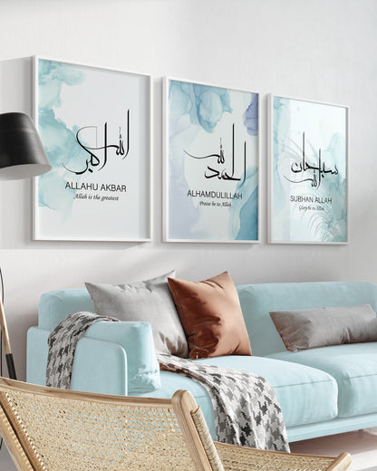 Set of 3 Islamic Wall Art Prints, Subhanallah Alhamdulillah Allahuakbar