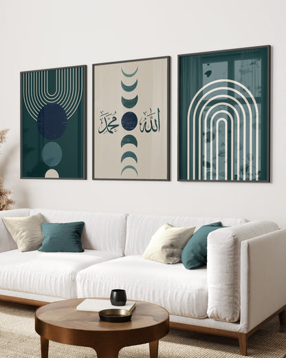 Set of 3 Islamic Wall Art, Boho Green Frame Prints, Allah And Muhammad