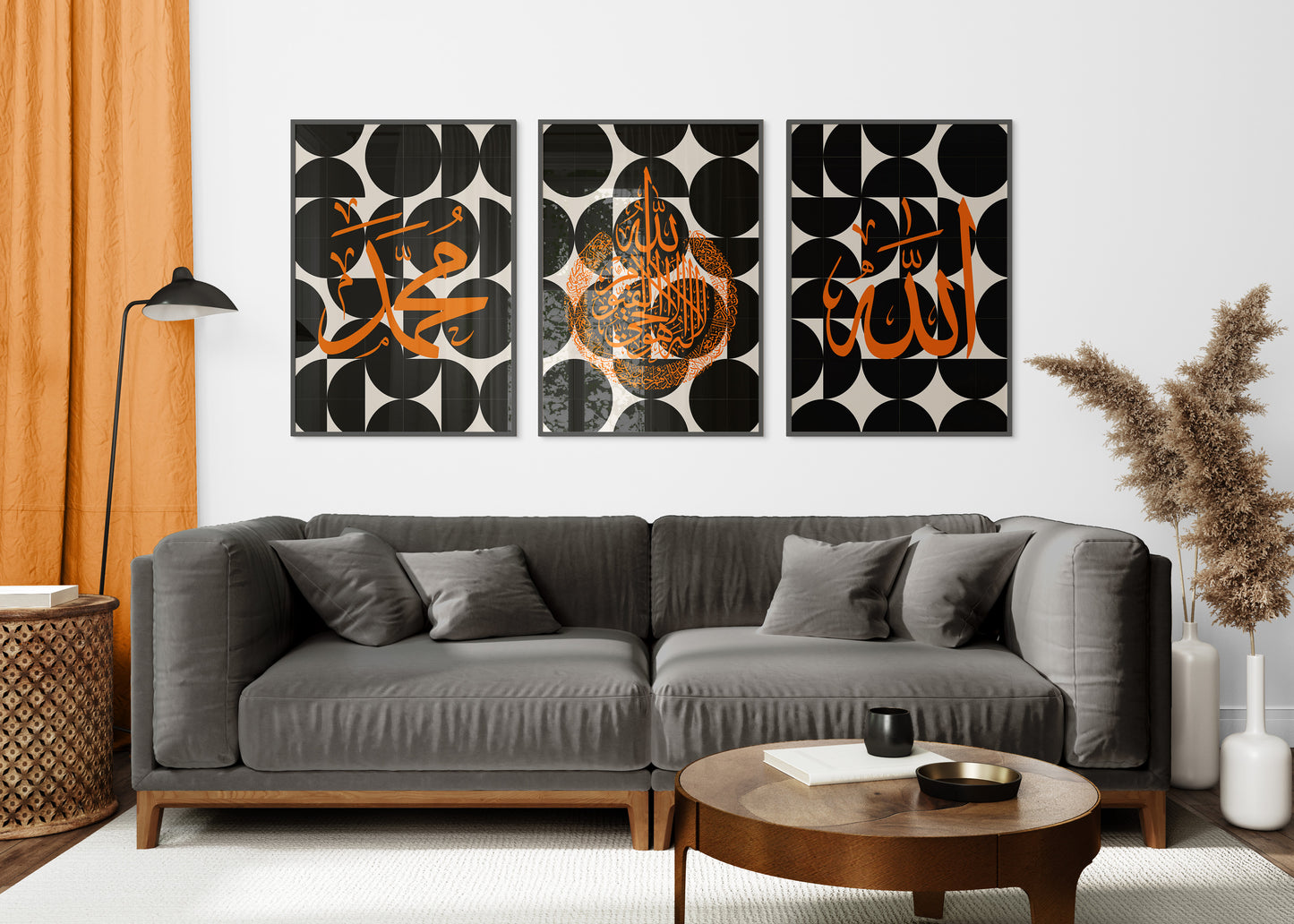 Set of 3 Islamic Wall Art, Geometric Black and Orange Allah Ayatul Muhammad