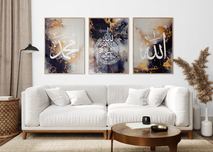 Digital Download Set of 3 Islamic Wall Art, Navy Blue Allah Ayatul Kursi