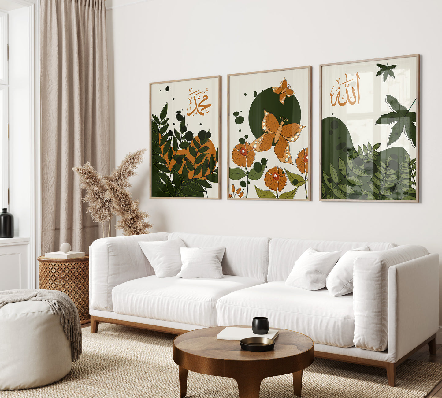 Set of 3 Islamic Wall Art, Allah Muhammad, Autumn Wall Art