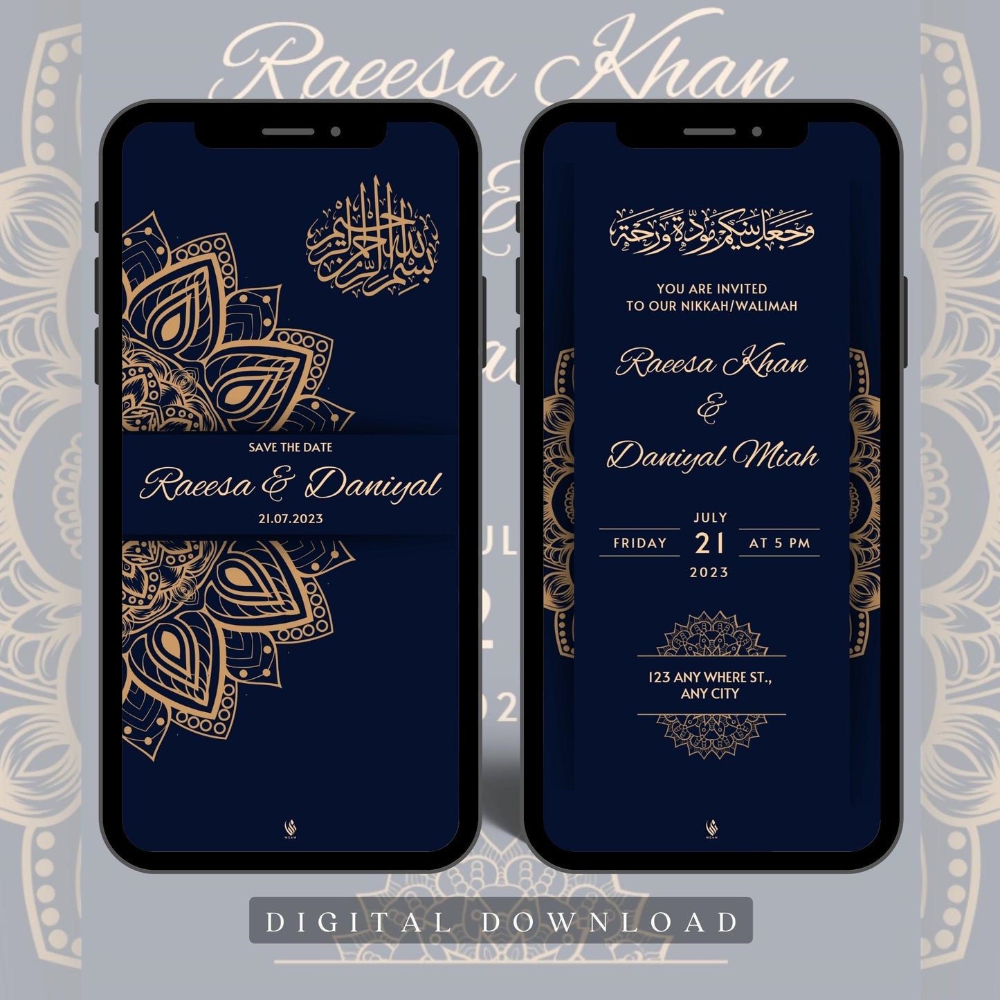 Digital Walimah Nikkah Evite - Dark Blue Mandala Design