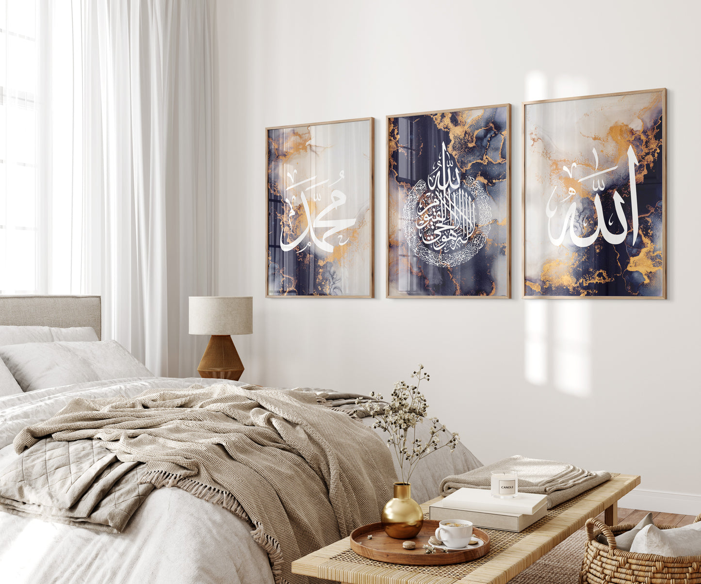 Digital Download Set of 3 Islamic Wall Art, Navy Blue Allah Ayatul Kursi