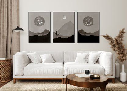 Set of 3 Islamic Wall Art Boho Landscape Wall Prints, Allah & Muhammad