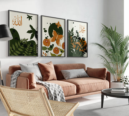 Set of 3 Islamic Wall Art, Allah Muhammad, Autumn Wall Art