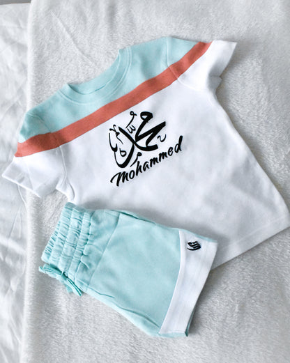 Custom Block T-shirt & Shorts Set In Eggshell Blue/Peach