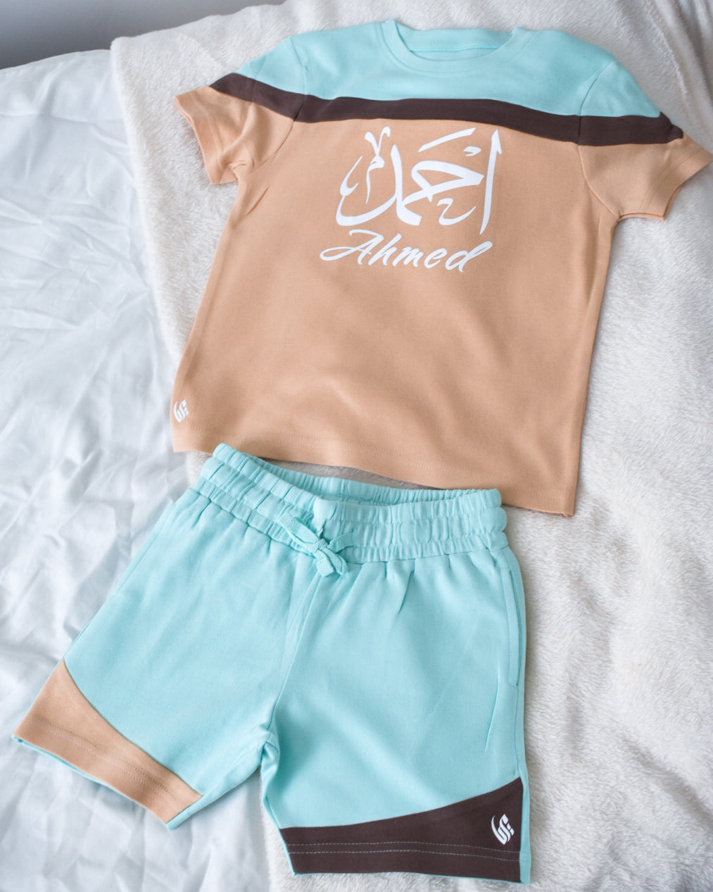 Custom Block T-shirt & Shorts Set In Eggshell Blue/Sand