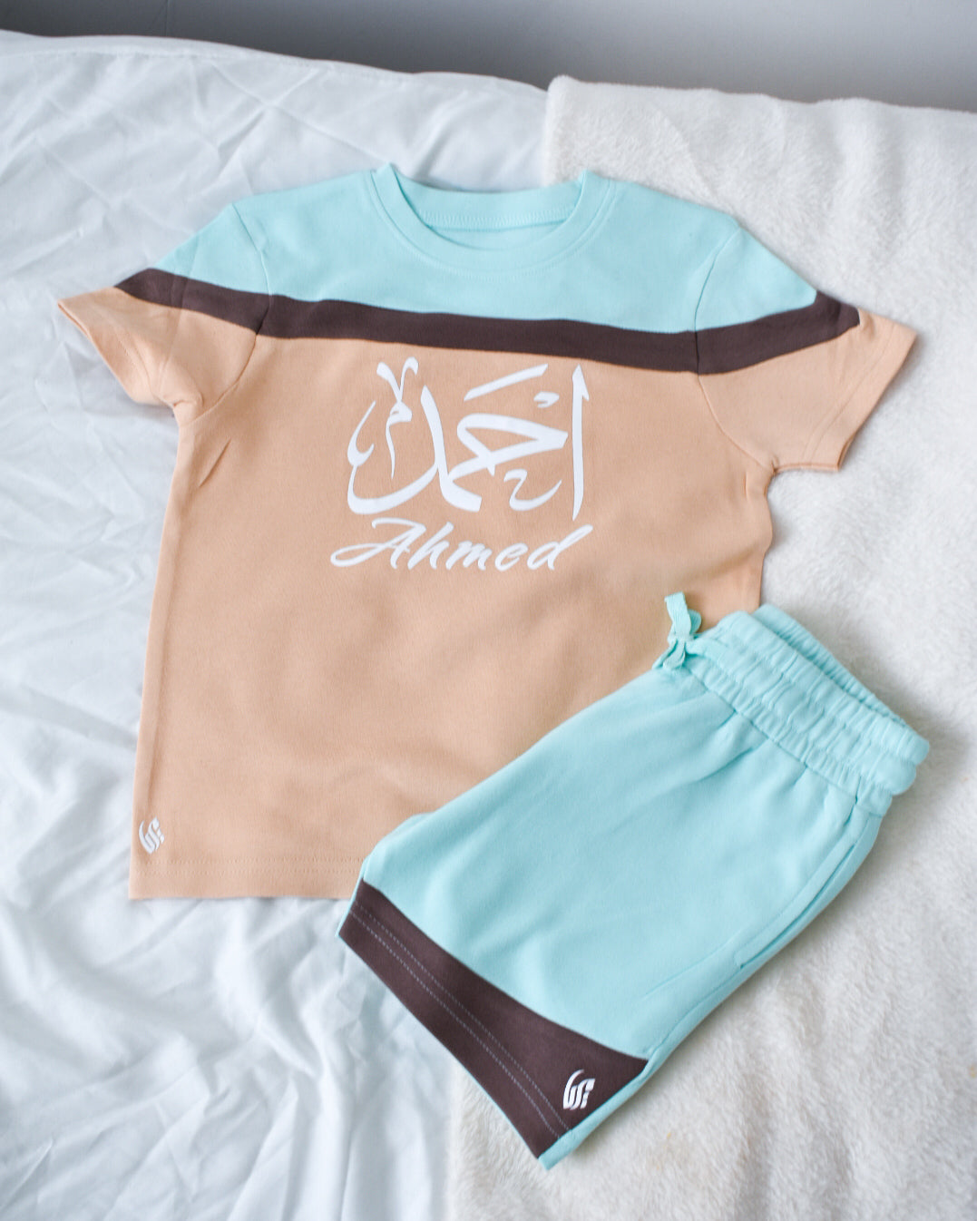 Custom Block T-shirt & Shorts Set In Eggshell Blue/Sand