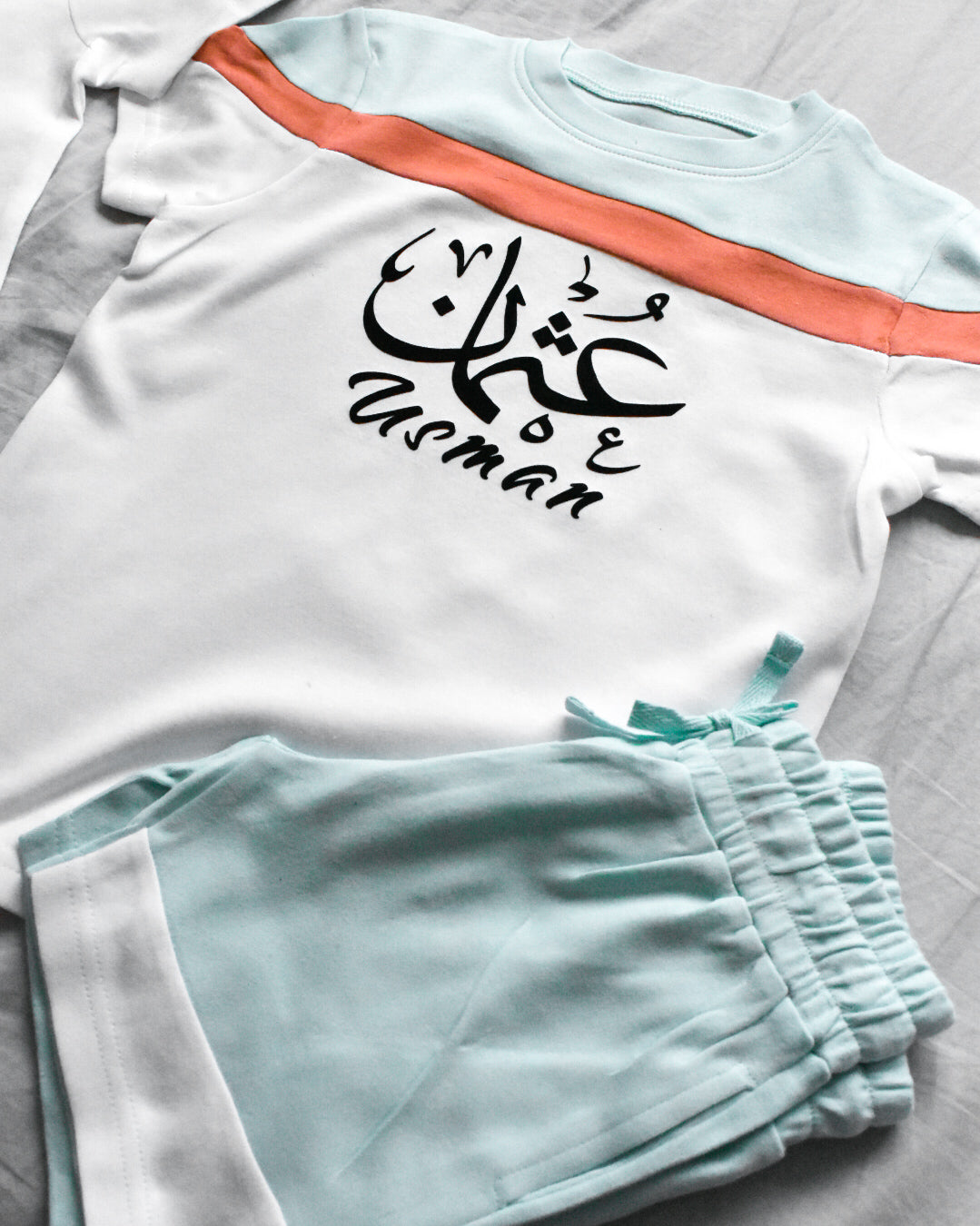 Custom Block T-shirt & Shorts Set In Eggshell Blue/Peach