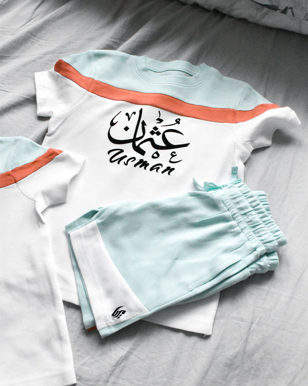 Custom Block T-shirt & Shorts Set In Eggshell Blue/Peach