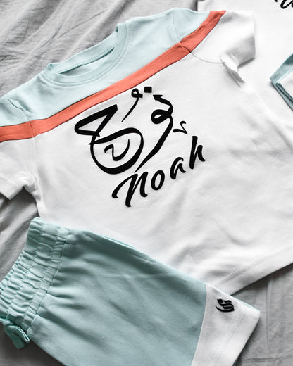 Custom Block T-shirt & Shorts Set In Eggshell Blue/Peach