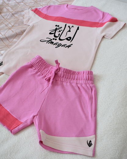 Custom Block T-shirt & Shorts Set In Pink Paradise