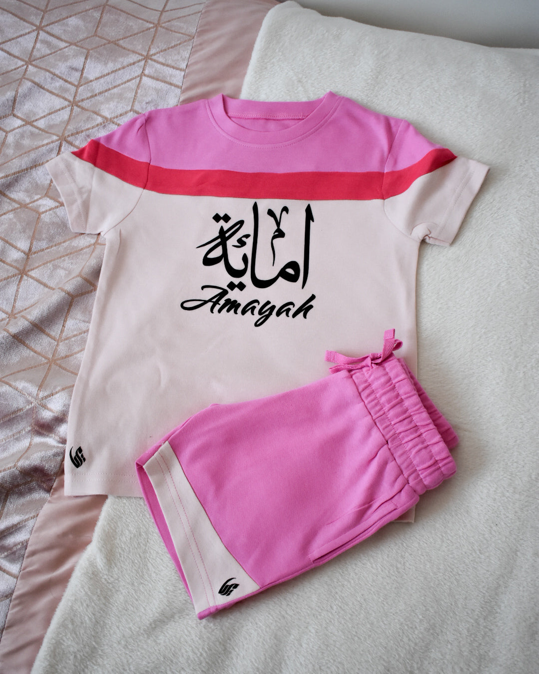 Custom Block T-shirt & Shorts Set In Pink Paradise