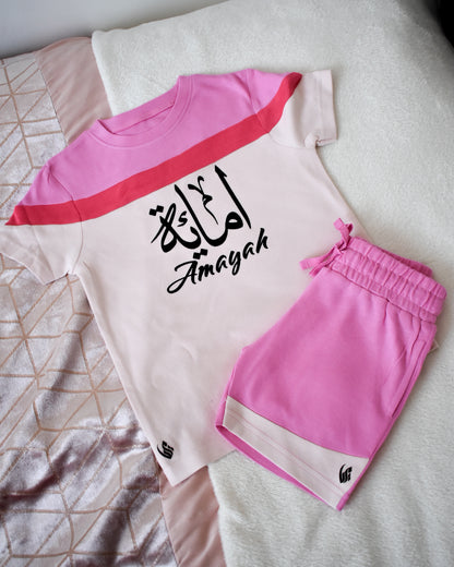 Custom Block T-shirt & Shorts Set In Pink Paradise