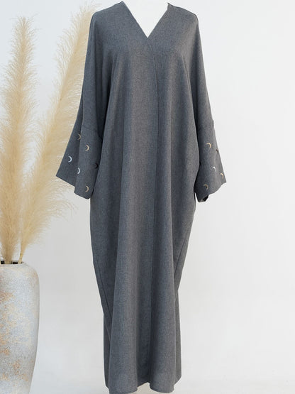 *PRE-ORDER* Moon Embroidery Open Linen Abaya (Read Description)