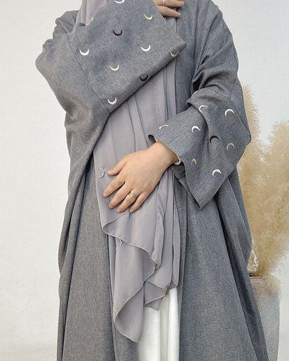 *PRE-ORDER* Moon Embroidery Open Linen Abaya (Read Description)