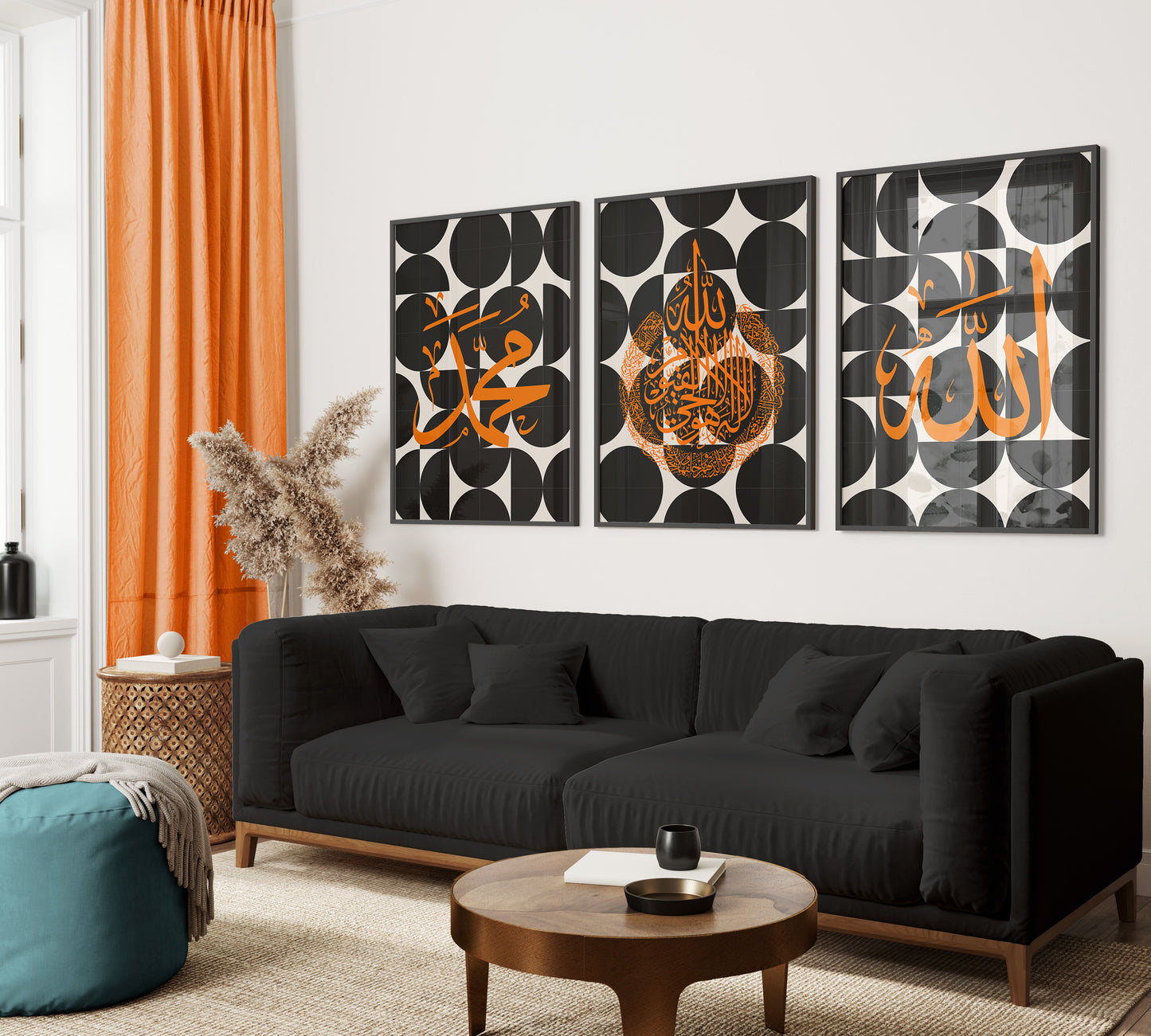 Set of 3 Islamic Wall Art, Geometric Black and Orange Allah Ayatul Muhammad