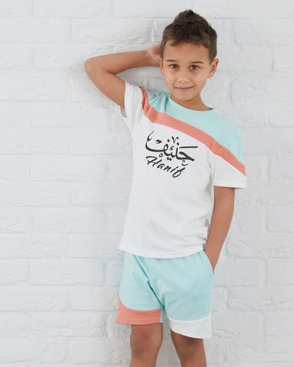 Custom Block T-shirt & Shorts Set In Eggshell Blue/Peach