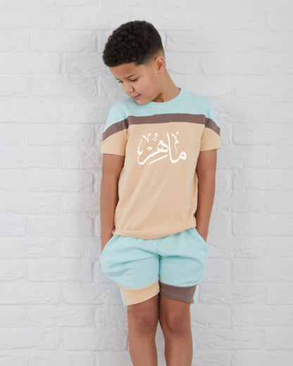 Custom Block T-shirt & Shorts Set In Eggshell Blue/Sand