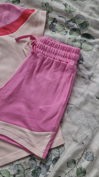 Custom Block T-shirt & Shorts Set In Pink Paradise