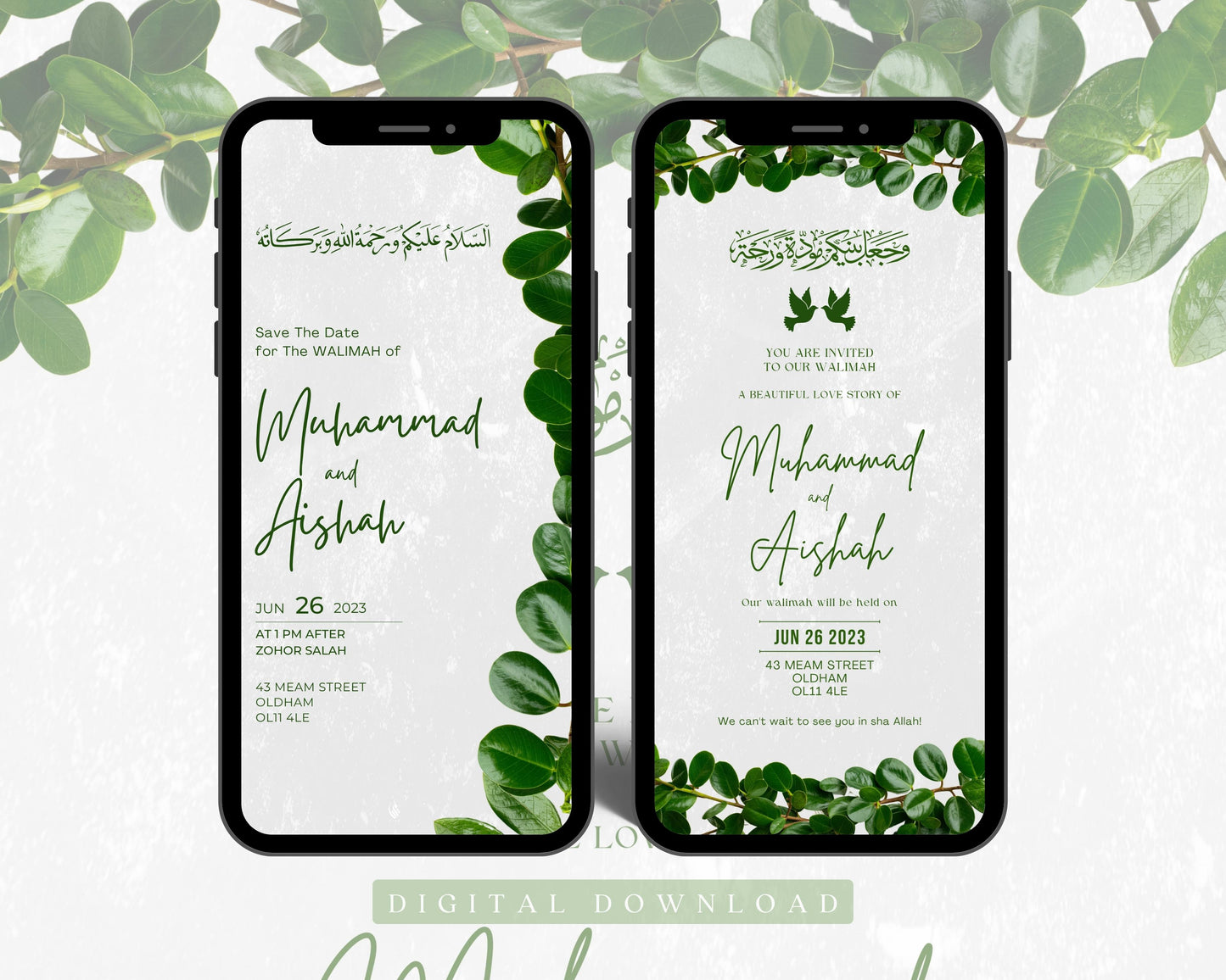 Digital Walimah Nikkah Evite - Green Leafy Design