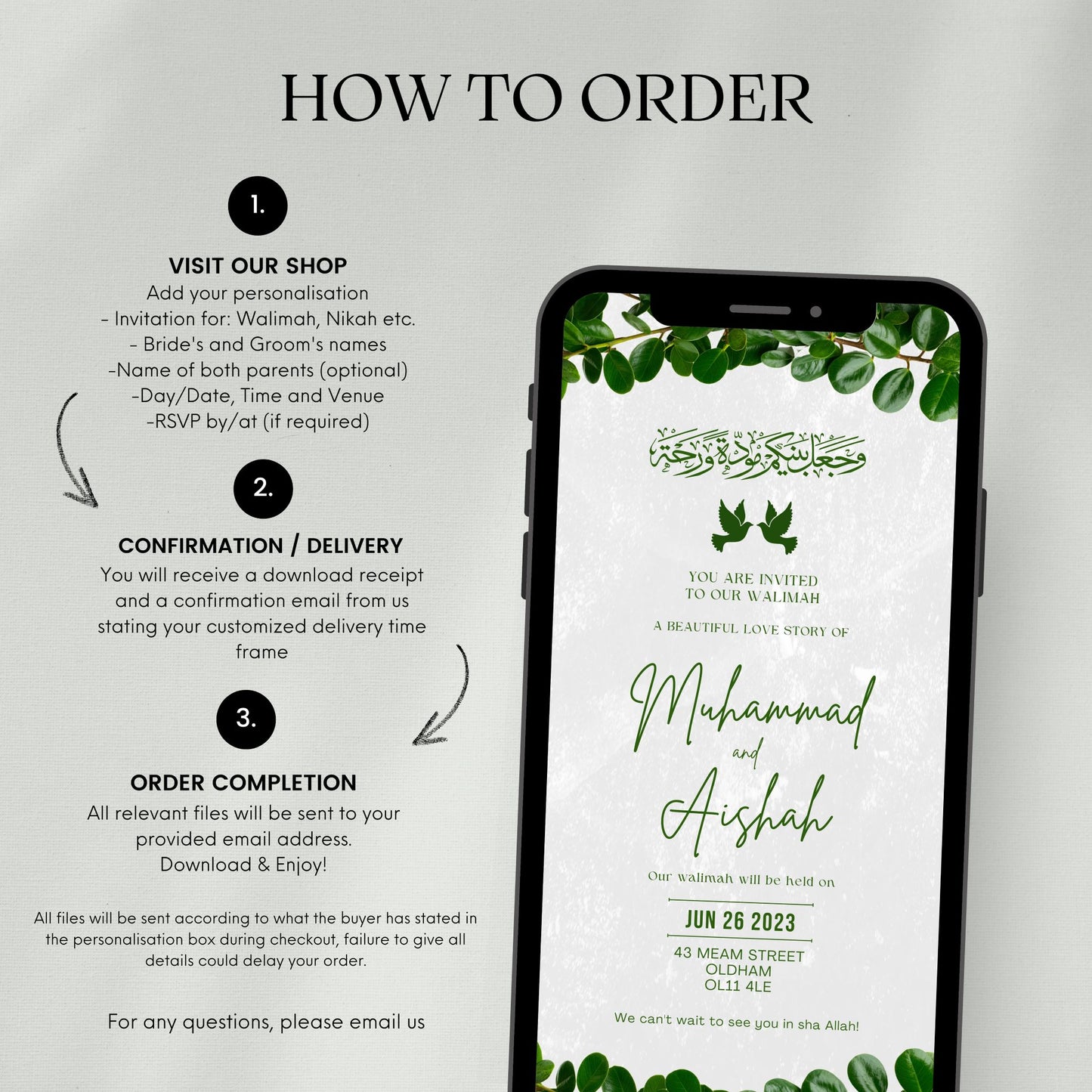 Digital Walimah Nikkah Evite - Green Leafy Design