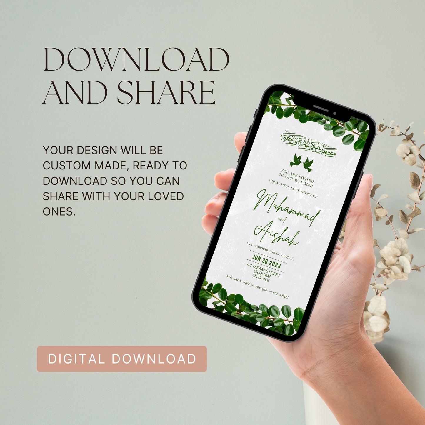 Digital Walimah Nikkah Evite - Green Leafy Design