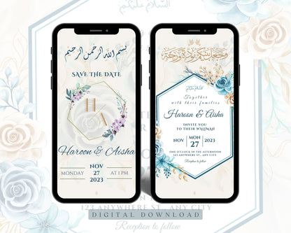 Digital Walimah Nikkah Evite - Beige/Blue Floral Design