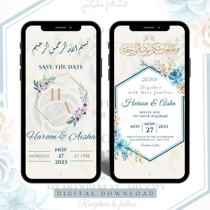 Digital Walimah Nikkah Evite - Beige/Blue Floral Design