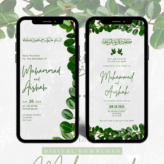 Digital Walimah Nikkah Evite - Green Leafy Design