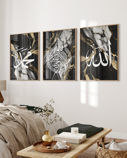 Set of 3 Islamic Wall Art Prints, Black & Gold Marble Allah Ayatul Kursi Muhammad