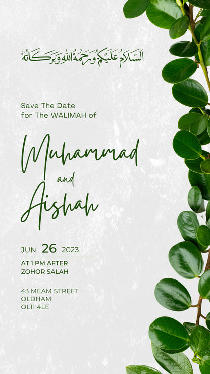 Digital Walimah Nikkah Evite - Green Leafy Design