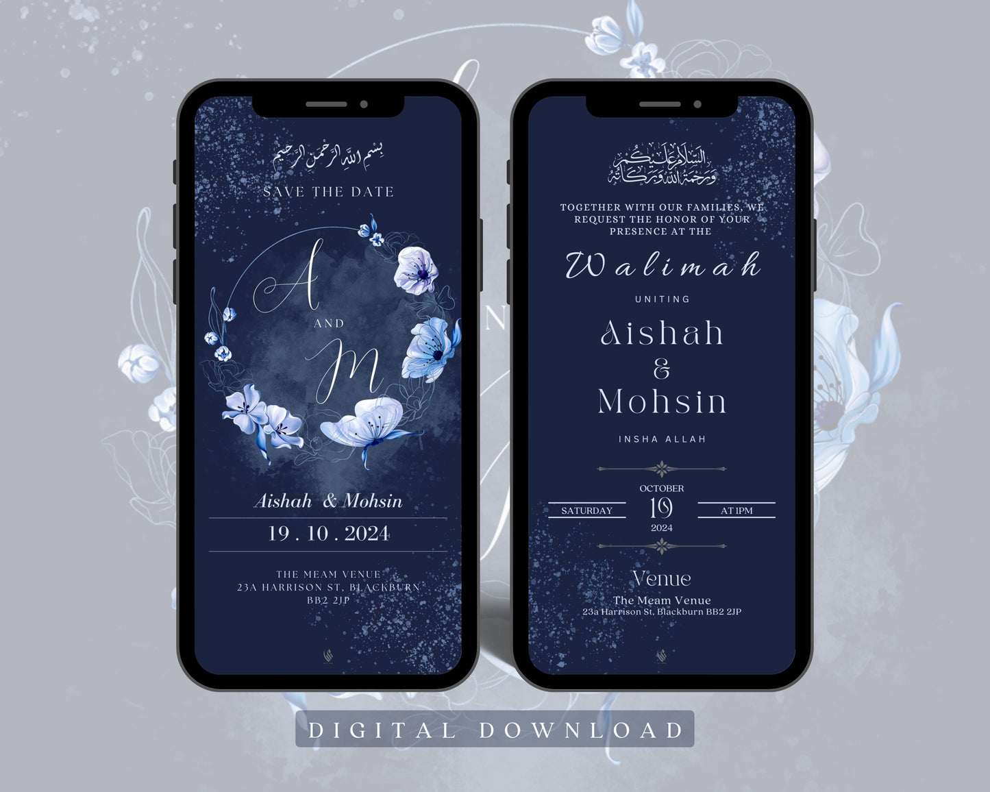 Digital Walimah Nikkah Evite - Dark Blue Floral Design