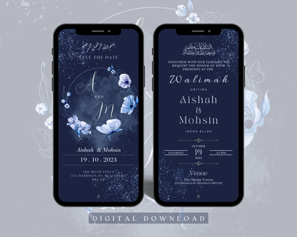 Digital Walimah Nikkah Evite - Dark Blue Floral Design