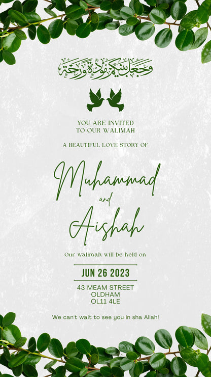 Digital Walimah Nikkah Evite - Green Leafy Design